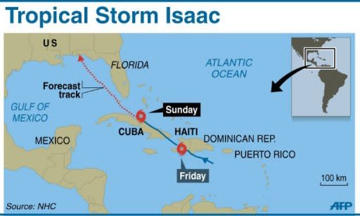 Map showing path of Tropical Storm Isaac, plus forecast path