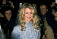 <p>Claudia Schiffer attends the party for the New Fashion Cafe wearing a turtle-neck knitted jumper,1994</p>