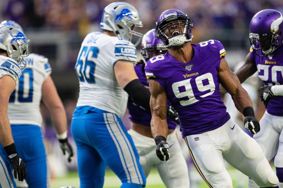 Minnesota Vikings defensive end Danielle Hunter reacts after a sack vs. the Detroit Lions during the first quarter Sunday, Dec. 8, 2019, in Minneapolis.