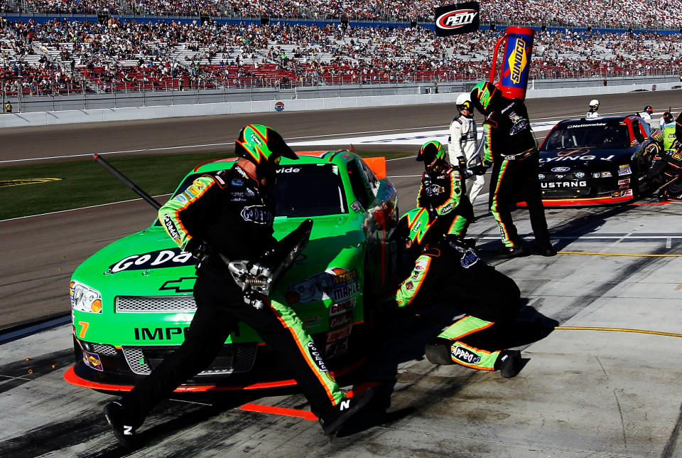 LAS VEGAS, NV - MARCH 10: Danica Patrick, driver of the #7 GoDaddy.com Chevrolet, pits during the NASCAR Nationwide Series Sam's Town 300 at Las Vegas Motor Speedway on March 10, 2012 in Las Vegas, Nevada. (Photo by Tom Pennington/Getty Images)