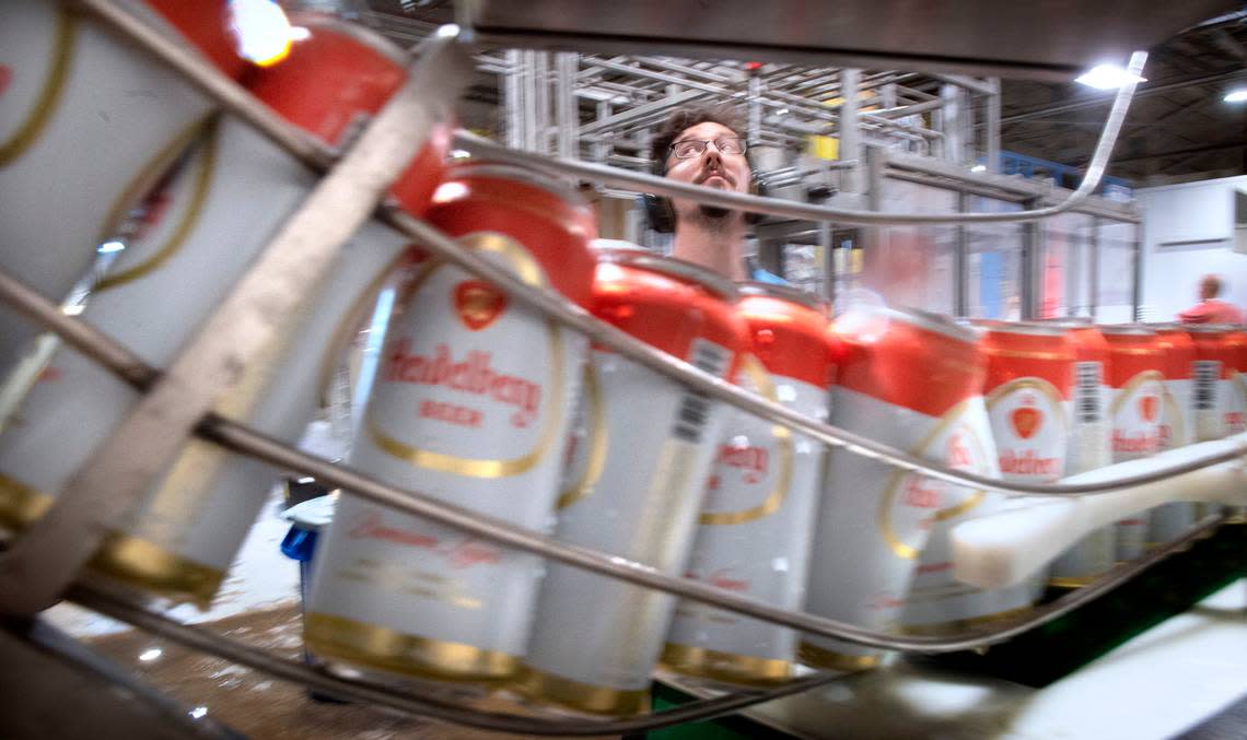 Carl Parsley of Gig Harbor keeps watch over the canning of Heidelberg beer at 7 Seas Brewing in Tacoma on Wednesday, Nov. 10, 2021. The brewery is is kegging the beer for the first time this year, with a launch party at the Tacoma taproom Feb. 1.