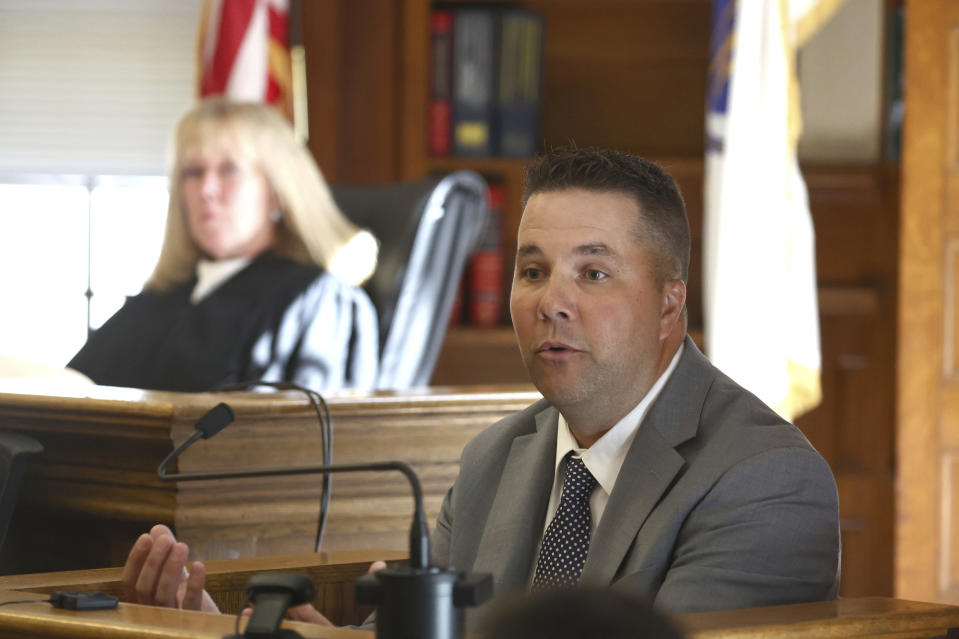 Sergeant Sean Goode, of the Canton Police Department, gives testimony at the murder trial of Karen Read at Dedham Superior Court on Tuesday, May 7, 2024, in Dedham, Mass. Read is facing charges including second degree murder in the 2022 death of her boyfriend Boston Officer John O’Keefe. (Stuart Cahill/The Boston Herald via AP, Pool)