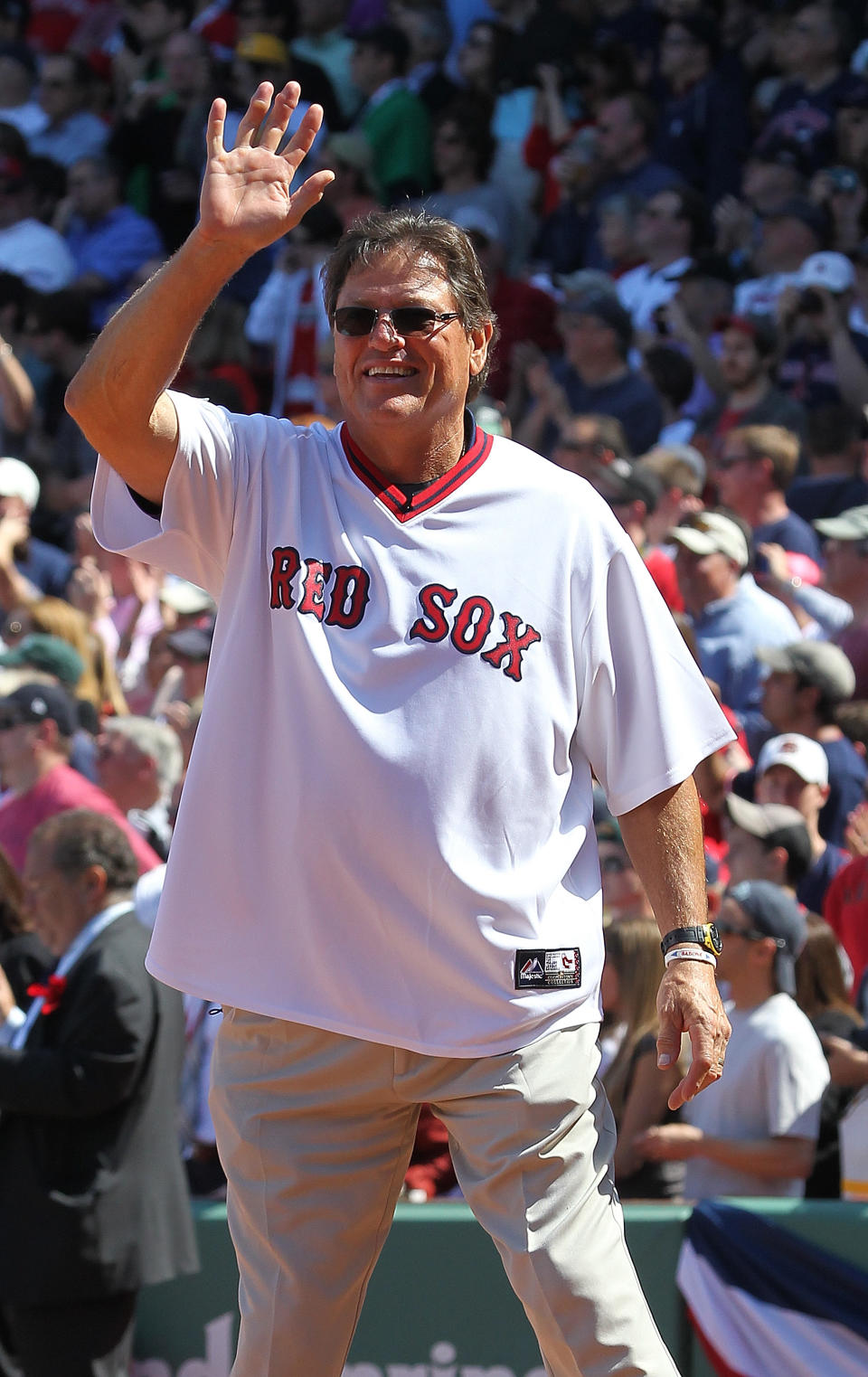 BOSTON, MA - APRIL 20: Boston Red Sox player Carlton Fisk enters the field during 100 Years of Fenway Park activities before a game between the Boston Red Sox and the New York Yankees at Fenway Park April 20, 2012 in Boston, Massachusetts. (Photo by Jim Rogash/Getty Images)