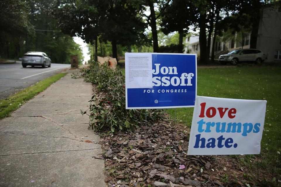 Campaign signs for Democratic candidate Jon Ossoff in Atlanta.