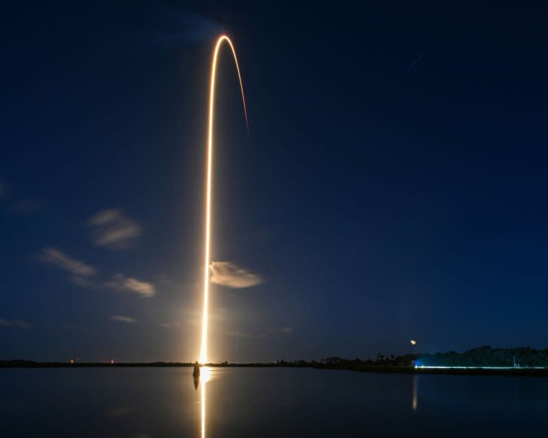 Time exposure of the SpaceX Falcon 9 rocket as it launches Starlink satellites on mission "6-25" from Launch Complex 40 at 7:20 PM from the Cape Canaveral Space Force Station, Florida on Oct. 30. Photo by Joe Marino/UPI