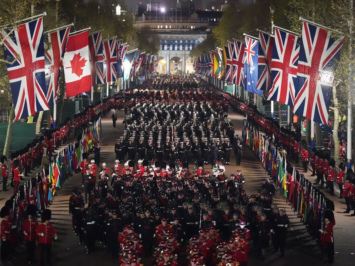 A night time rehearsal in central London for the coronation of King Charles III (PA)