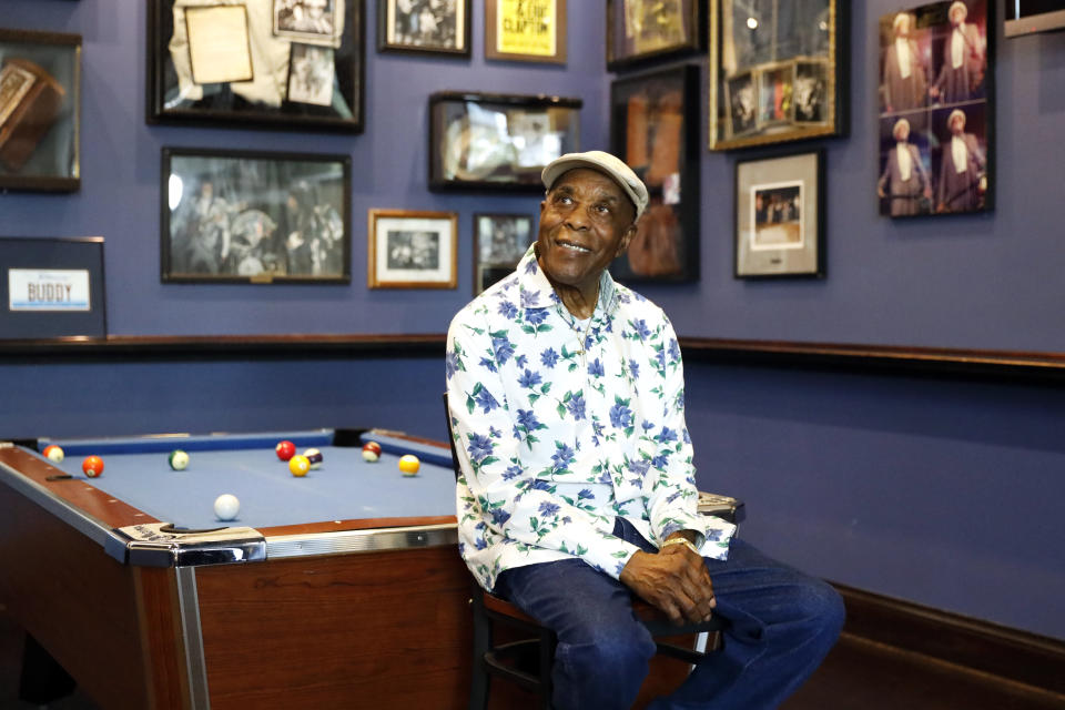 Buddy Guy poses for a portrait to promote the latest installment of the PBS biography series, “American Masters” on Wednesday, July 28, 2021, at his blues club Buddy Guy's Legends in Chicago. (AP Photo/Shafkat Anowar)