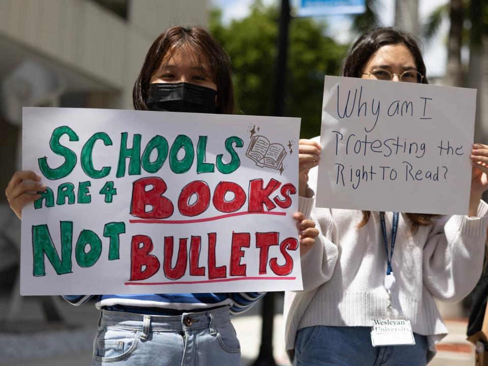 Students from the Miami-Dade County Public Schools School for Advanced Studies-Wolfson campus protest during a statewide walkout on April 21, 2023 in Miami, Florida. The students joined with others across the state for school walkouts in protest of what they say is an assault on educational freedom by Gov. Ron DeSantis and the Republican-controlled legislature.