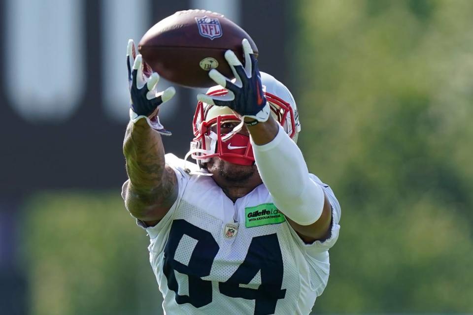 New England Patriots wide receiver Kendrick Bourne (84) catches the ball during the NFL football team’s training camp, Wednesday, Aug. 3, 2022, in Foxborough, Mass. (AP Photo/Steven Senne)