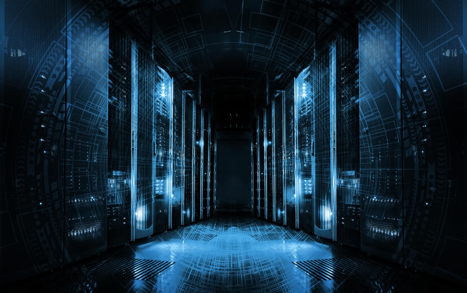 technological background on servers in data center, futuristic design. Server room represented by several server racks with strong dramatic light.