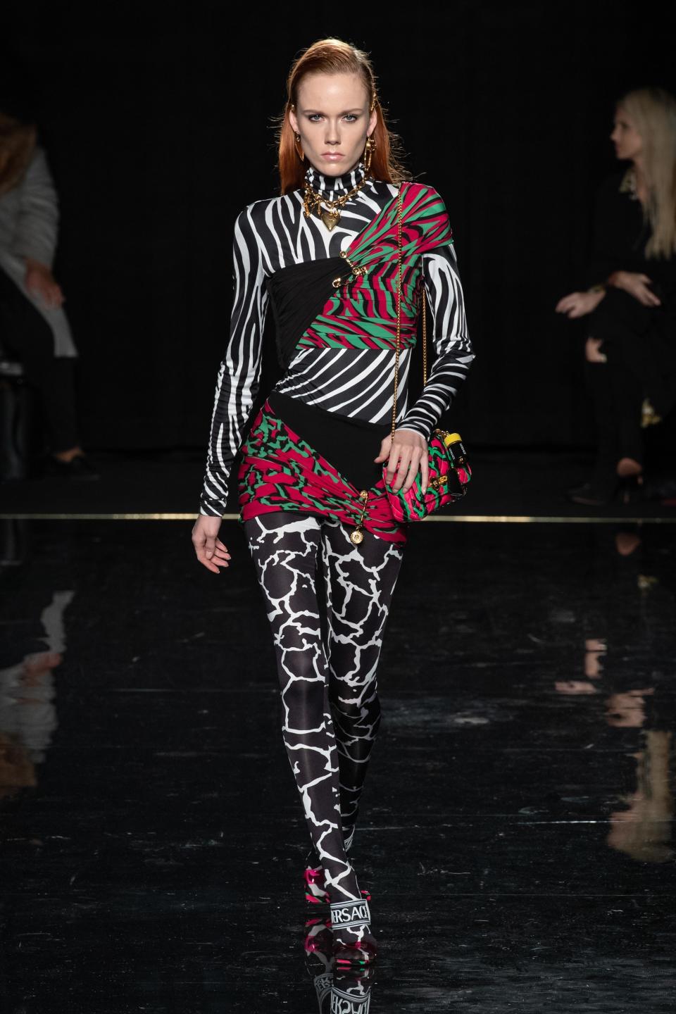 Versace’s Pre-Fall 2019 catsuit, with its mixed animal prints and color-blocking, will make the red carpet photographers go wild.
