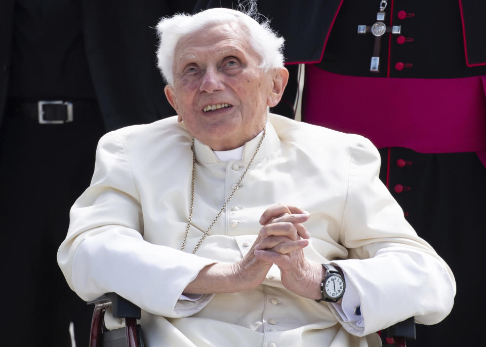 FILE---Emeritus Pope Benedict XVI arrives for his departure at Munich Airport in Freising, Germany, June 22, 2020. A long-awaited report on sexual abuse in Germany’s Munich diocese on Thursday faulted retired Pope Benedict XVI’s handling of four cases when he was archbishop in the 1970s and 1980s. (Sven Hoppe/dpa via AP, file)