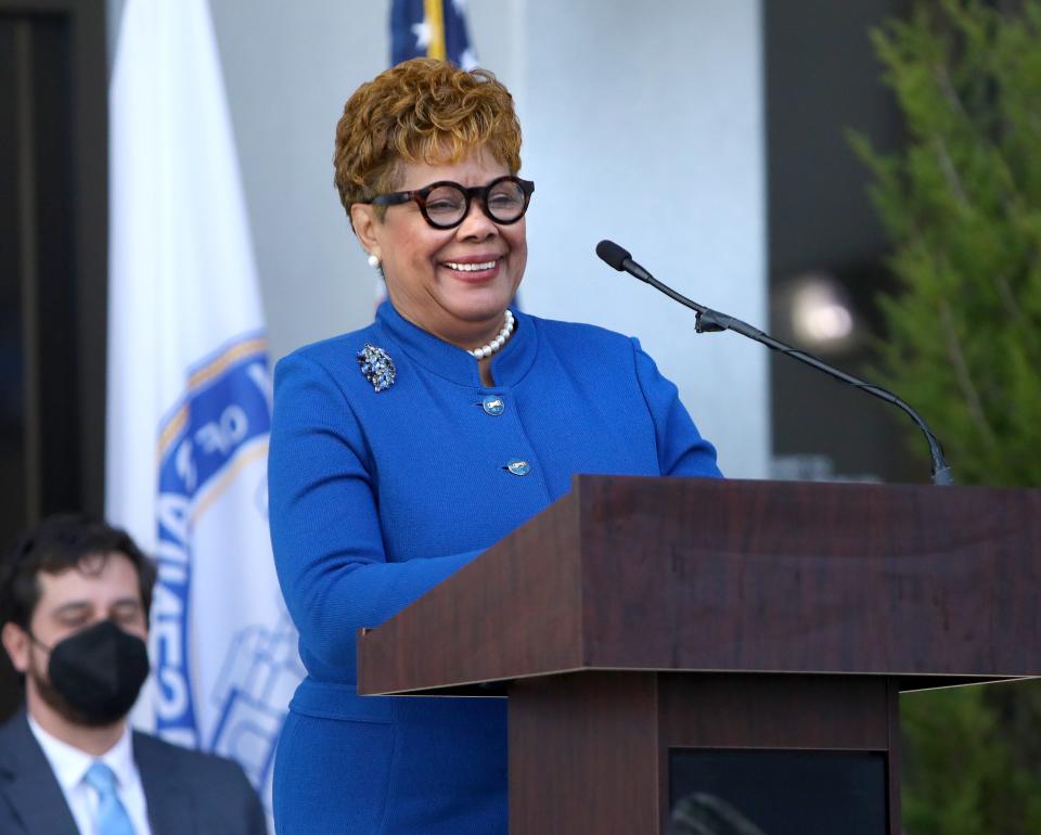 Cynthia Chestnut smiles as she gets ready to deliver a speech during the swearing-in ceremony as a Gainesville city commissioner at City Hall on Feb. 17.