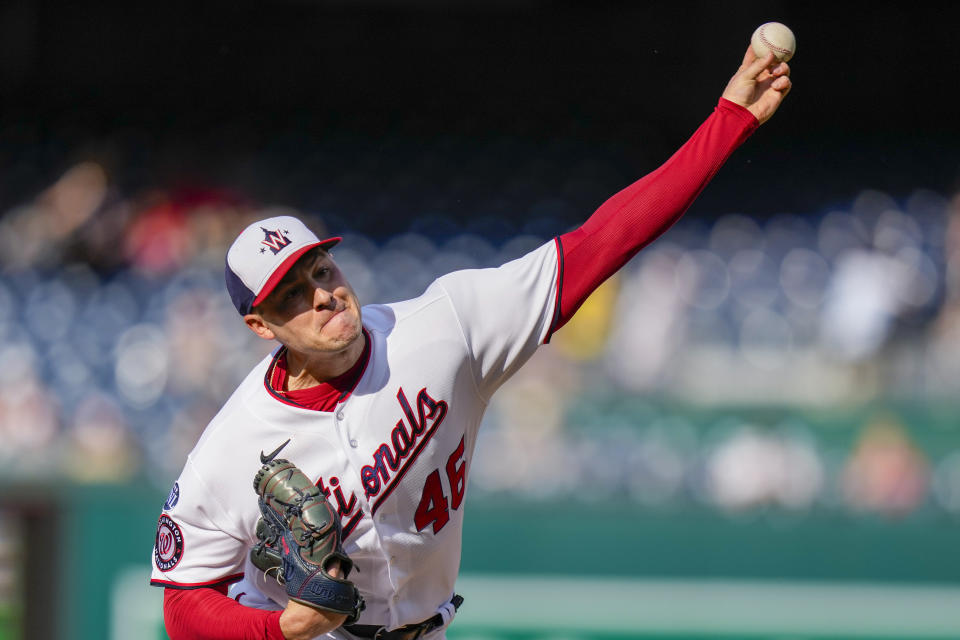 Washington Nationals starting pitcher Patrick Corbin throws during the fifth inning of a baseball game against the New York Mets at Nationals Park, Monday, May 15, 2023, in Washington. (AP Photo/Alex Brandon)