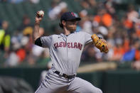 Cleveland Guardians starting pitcher Shane Bieber throws a pitch to the Baltimore Orioles during the second inning of a baseball game, Wednesday, May 31, 2023, in Baltimore. (AP Photo/Julio Cortez)