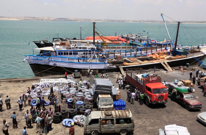 FILE PHOTO: An aerial view shows activities at the sea port in lower juba regions in Kismayu