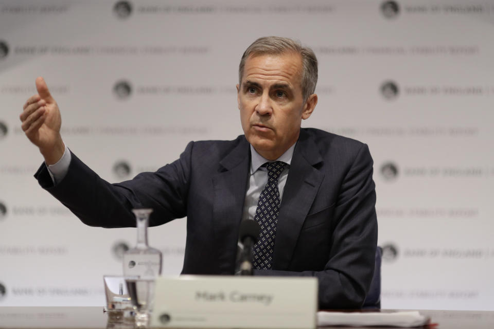 Mark Carney the Governor of the Bank of England speaks during a Financial Stability Report press conference at the Bank of England in the City of London, Thursday, July 11, 2019. (AP Photo/Matt Dunham, Pool)