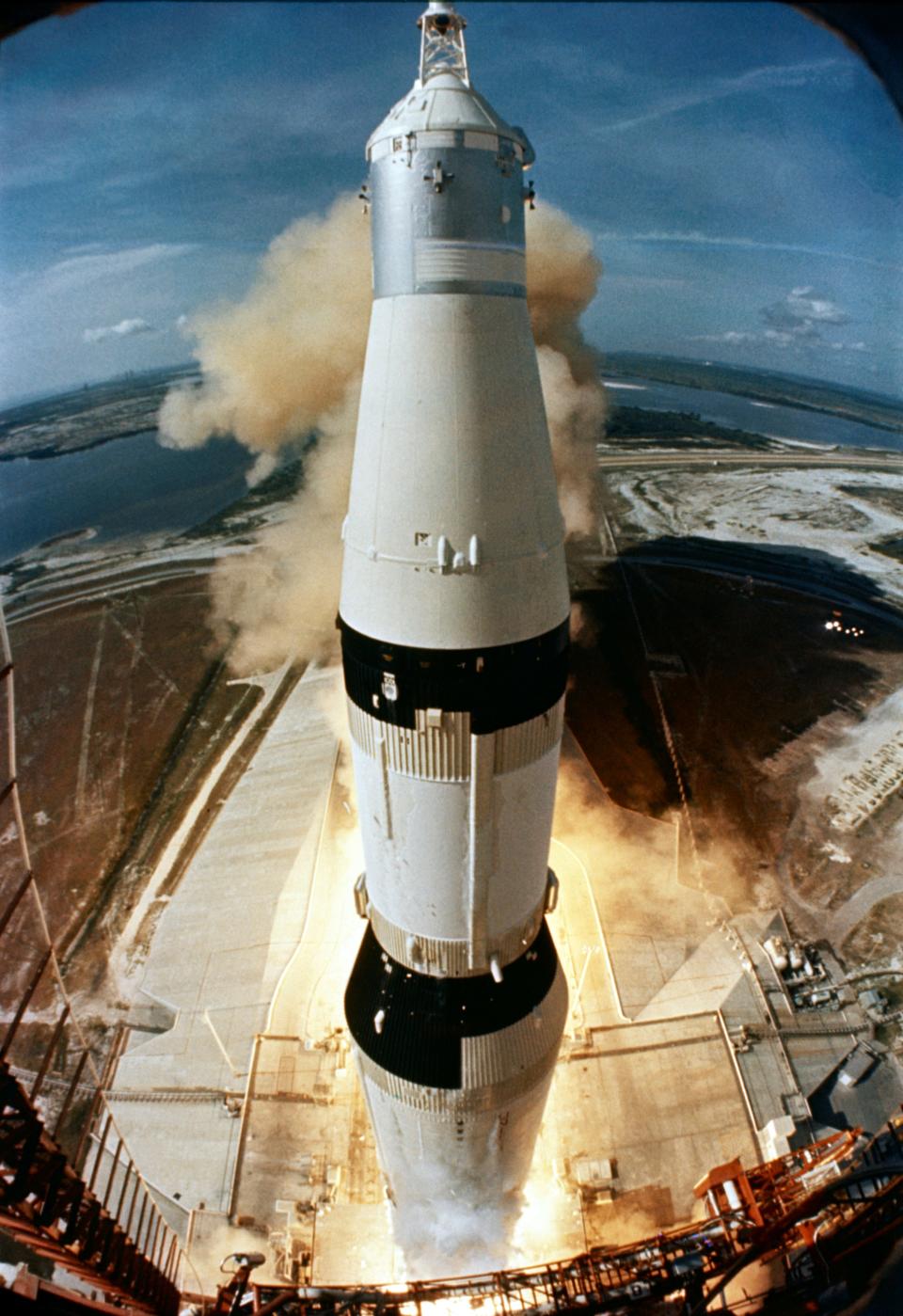 The rocket carrying the Apollo 11 crew launches from the Kennedy Space Center.