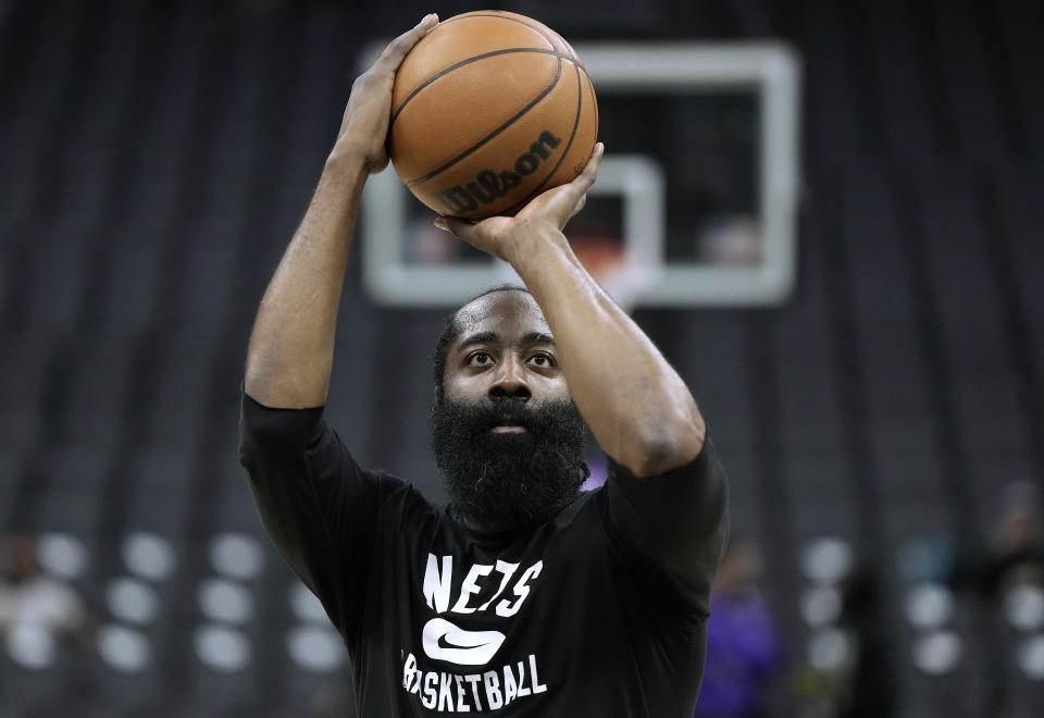 SACRAMENTO, CALIFORNIA - FEBRUARY 02: James Harden #13 of the Brooklyn Nets on the court warming up prior to the start of his game against the Sacramento Kings at Golden 1 Center on February 02, 2022 in Sacramento, California. NOTE TO USER: User expressly acknowledges and agrees that, by downloading and or using this photograph, User is consenting to the terms and conditions of the Getty Images License Agreement. (Photo by Thearon W. Henderson/Getty Images)