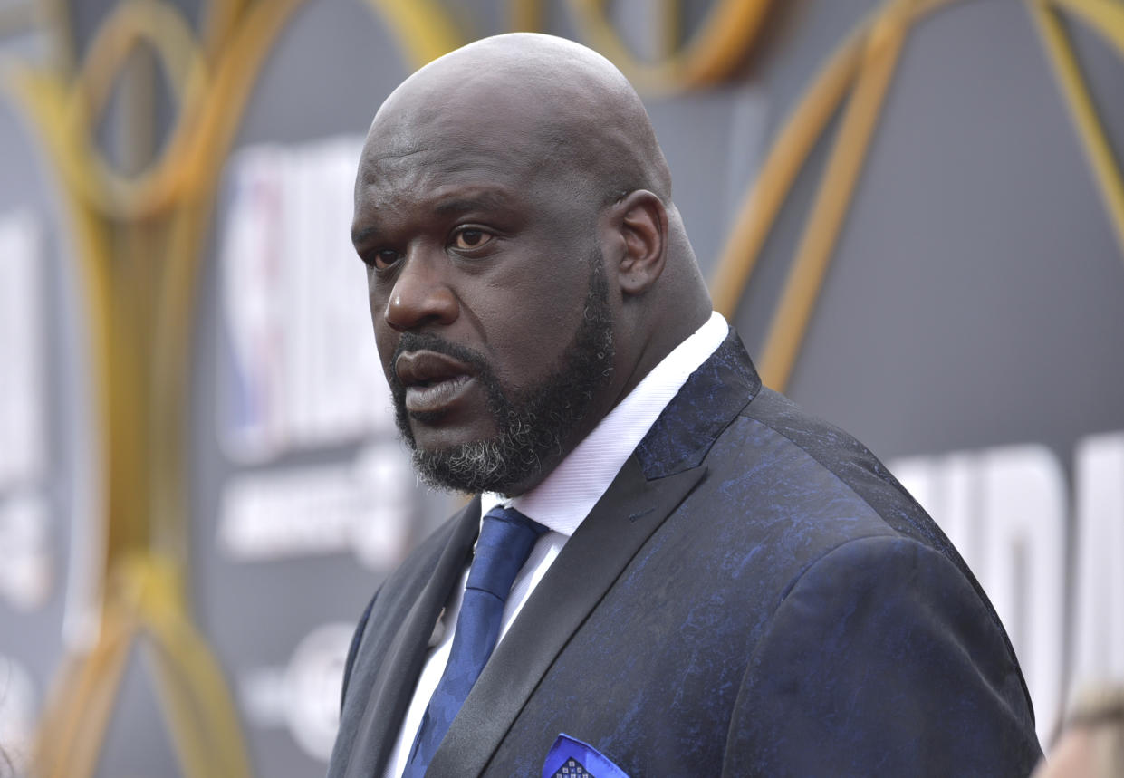 Shaquille O'Neal arrives at the NBA Awards on Monday, June 24, 2019, at the Barker Hangar in Santa Monica, Calif. (Photo by Richard Shotwell/Invision/AP)