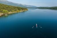 Croatia rowers Martin Sinkovic and Valent Sinkovic are seen during rowing practice at Peruca Lake for the Tokyo 2020 Olympics near Sinj