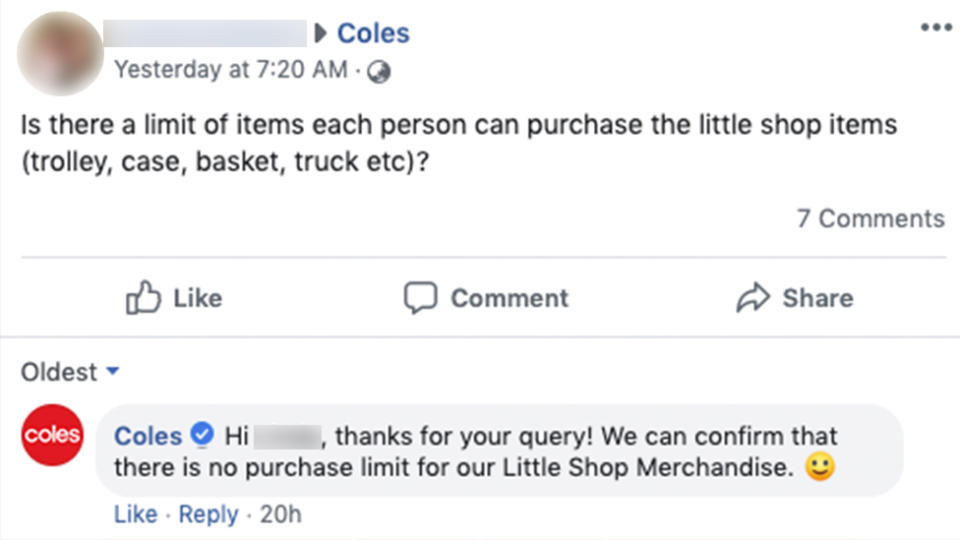 Coles has confirmed there is no purchase limit for the Little Shop 2 merchandise. Source: Facebook
