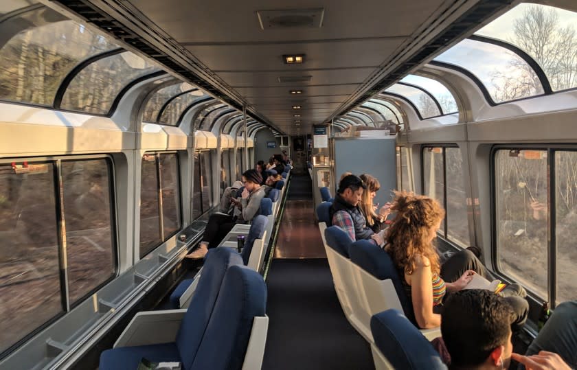 The Coast Starlight lounge car features floor-to-ceiling windows and lounge chairs where all passengers can enjoy the views. (Crystal Paul/Seattle Times/TNS) ** OUTS - ELSENT, FPG, TCN - OUTS **