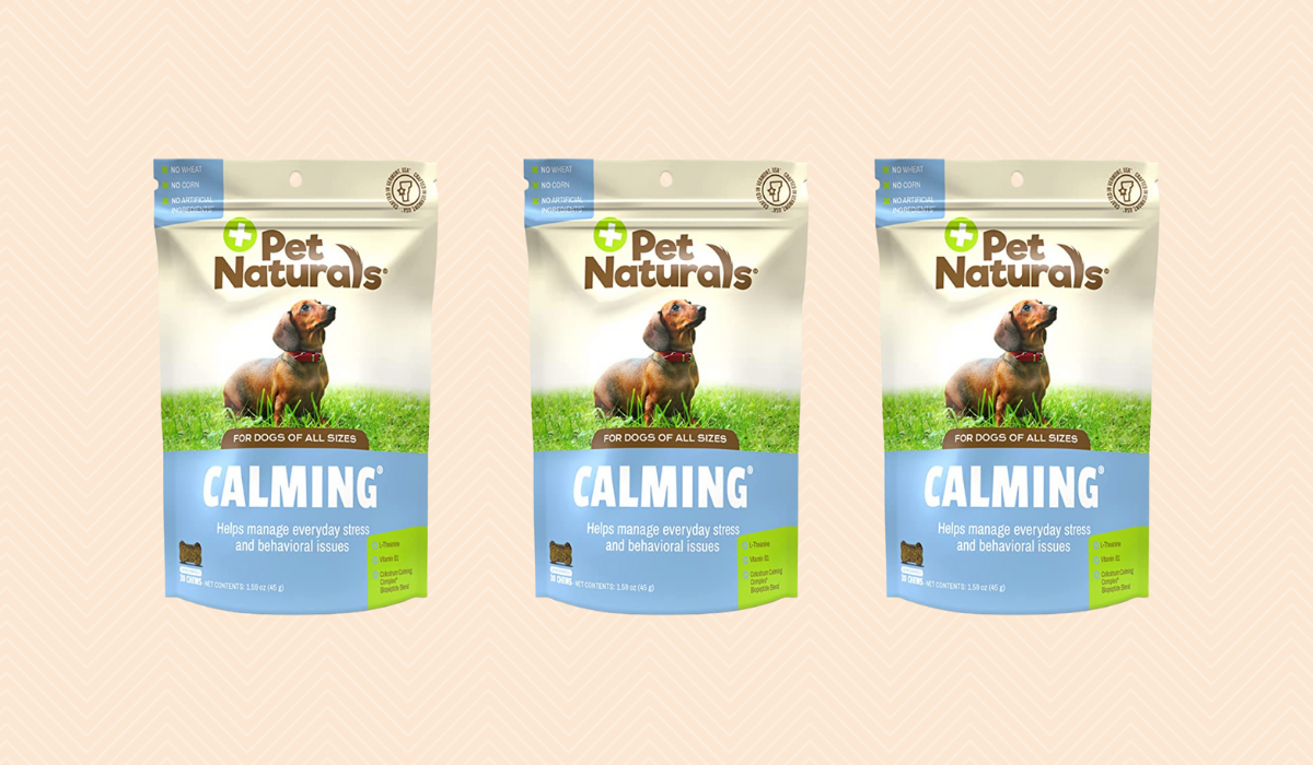 Three bags of Pet Naturals calming chews for dogs.