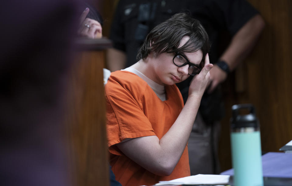 Ethan Crumbley appears in Oakland County Court, on Friday, Aug. 18, 2023, in Pontiac, Mich. The judge will hear a fourth and final day of testimony Friday to determine whether Crumbley will get a life sentence for the fatal shooting of four students at a Michigan school in 2021. (Mandi Wright/Detroit Free Press via AP, Pool)