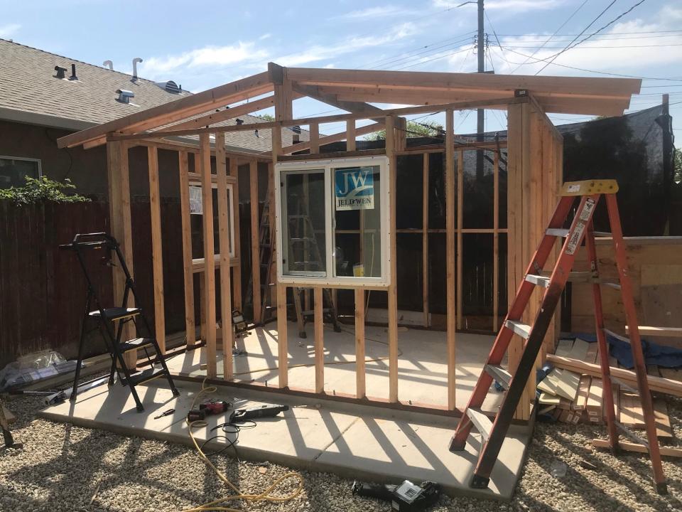 A silhouette of the shed micro-home Blanca Barragan added to her Sacramento property.