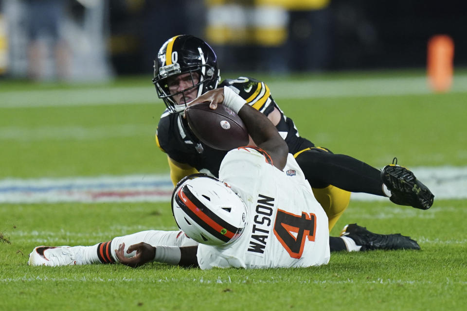 Pittsburgh Steelers linebacker T.J. Watt (90) sacks Cleveland Browns quarterback Deshaun Watson during the first half of an NFL football game Monday, Sept. 18, 2023, in Pittsburgh. (AP Photo/Matt Freed)