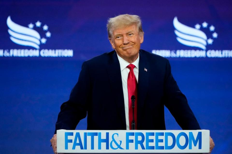 PHOTO: Former President Donald Trump speaks at the Faith and Freedom Road to Majority conference at the Washington Hilton in Washington, D.C., June 24, 2023. (Drew Angerer/Getty Images)