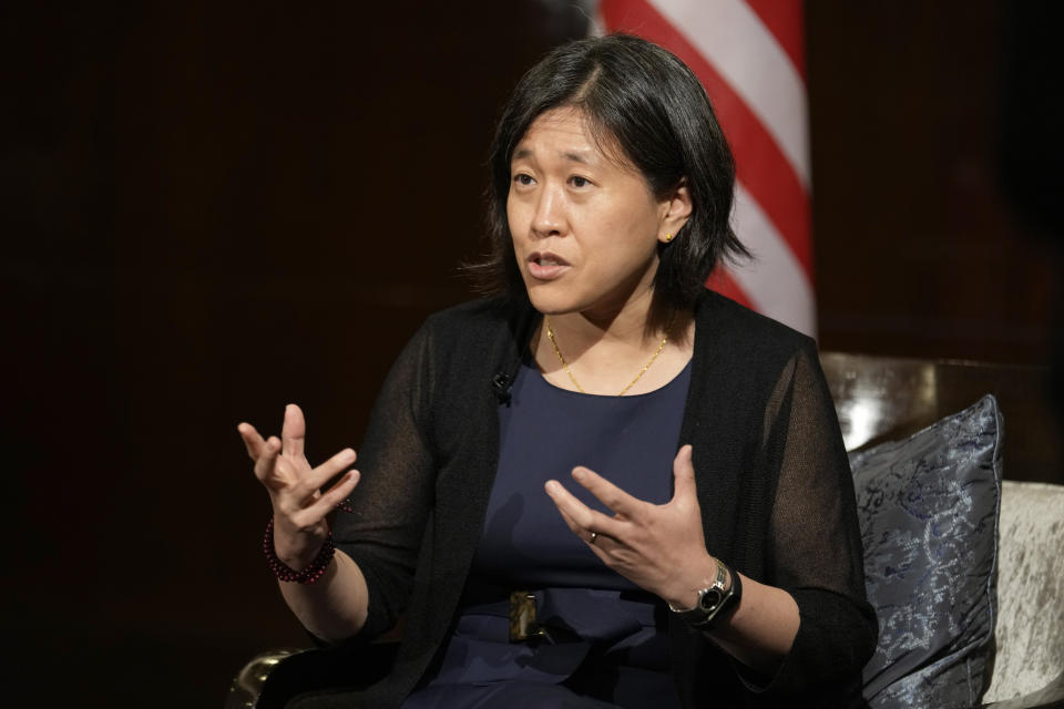 U.S. Trade Representative Katherine Tai gestures during an interview with The Associated Press in Bangkok, Thailand, Friday, May 20, 2022. With world economies all suffering from more than two years of the coronavirus pandemic and global supply problems exacerbated by Russia's invasion of Ukraine, the United States has an "incredible opportunity" to engage with other nations from a common playing field and forge new partnerships and agreements, the top U.S. trade negotiator told The Associated Press . (AP Photo/Sakchai Lalit)