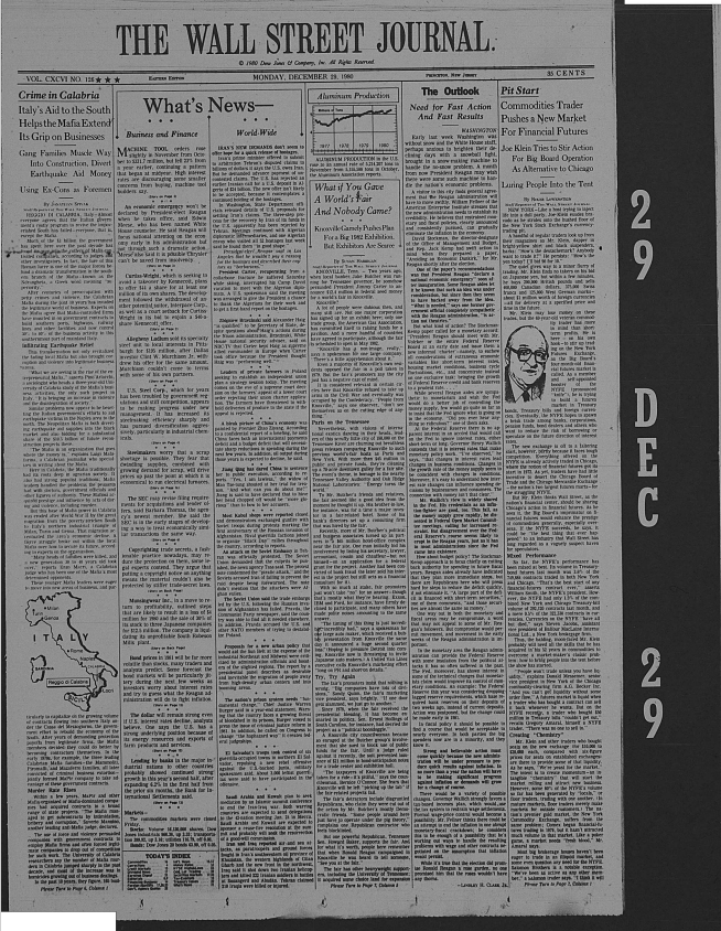 The front page of The Wall Street Journal on Dec. 29, 1980. Reporter Susan Harrigan wrote "scruffy little city" in her article about Knoxville and the World's Fair. The archived paper was accessed using microfilm available at Lawson McGhee Library. Aug. 11, 2023.