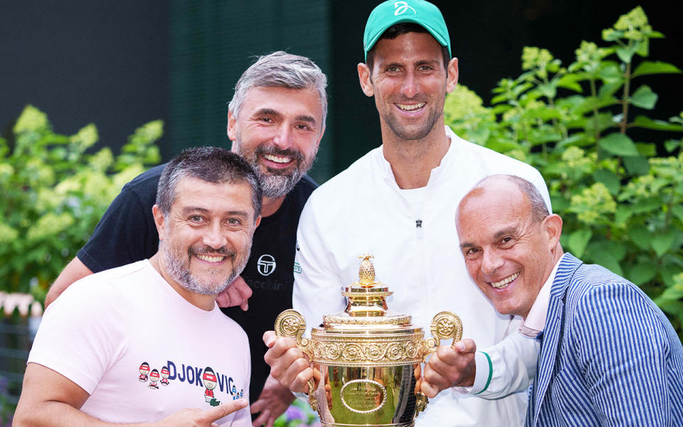 Novak Djokovic, pictured here with his team after winning Wimbledon.