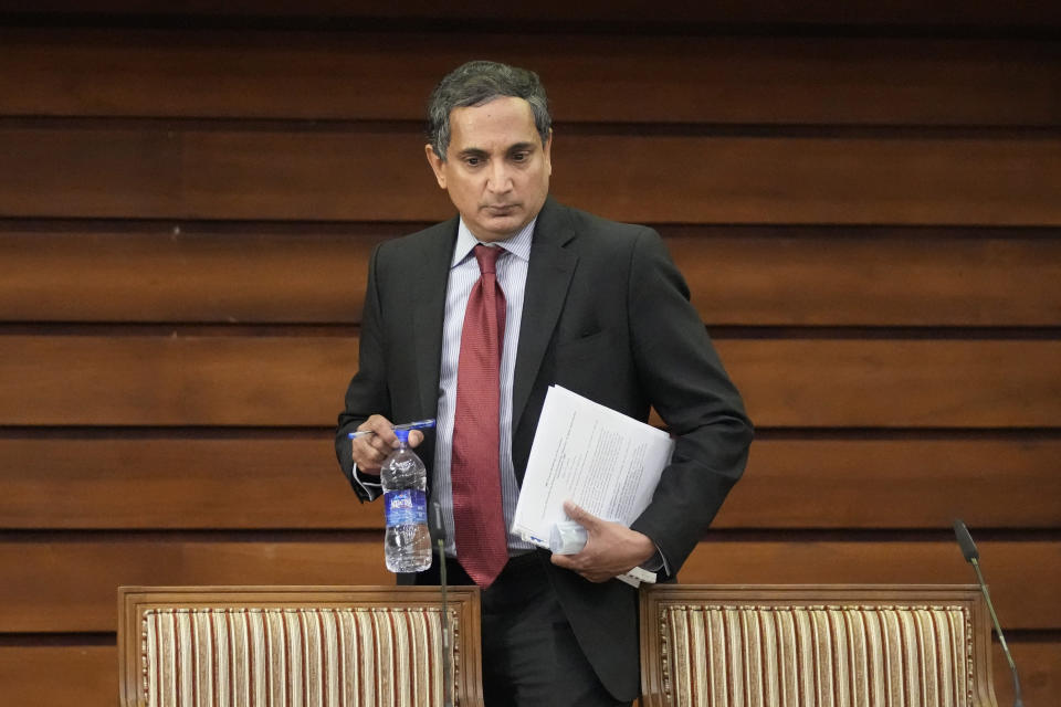 International Monetary Fund director for Asia and Pacific Krishna Srinivasan arrives to speak to journalists in Colombo, Sri Lanka, Monday, May 15, 2023. The International Monetary Fund says Sri Lanka’s crisis-hit economy is expected to resume growing in 2024 after contracting 3% this year. (AP Photo/Eranga Jayawardena)