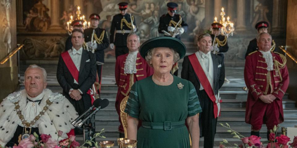 Queen Elizabeth (Imelda Staunton) in "The Crown" season five.