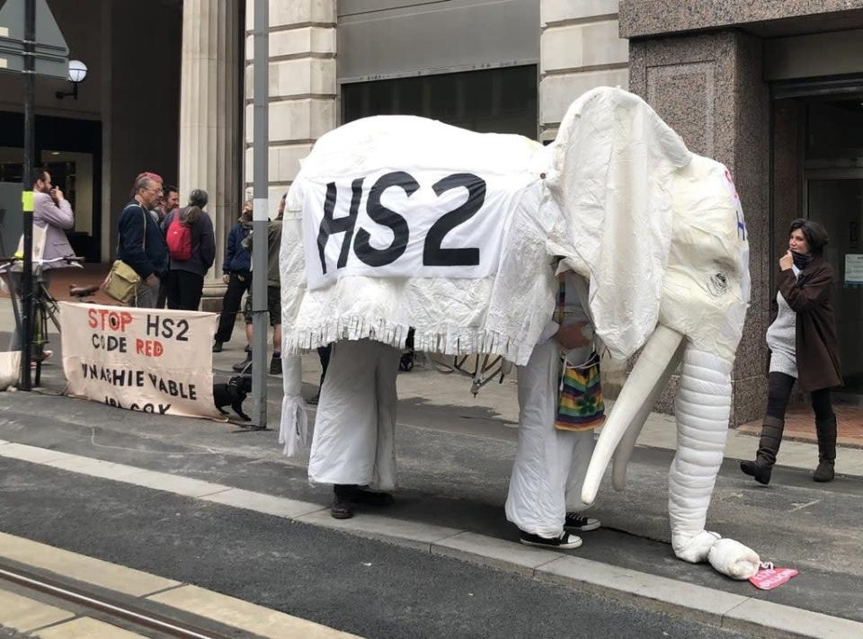 A white elephant created by protestors outside Birmingham Civil Justice Centre during a High Court injunction hearing.