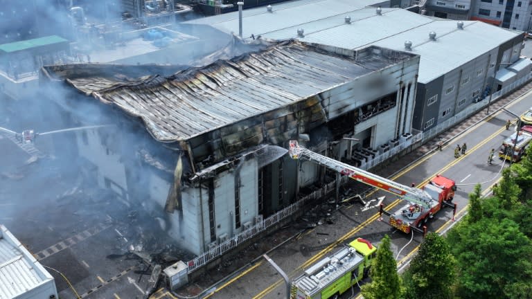 Firefighters battle a fire at a lithium battery factory in Hwaseong