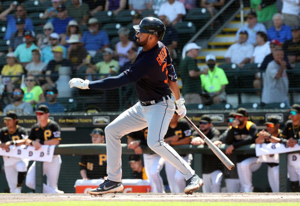 Tigers outfielder Riley Greene bats against Pittsburgh Pirates starter Mitch Keller during the first inning of Grapefruit League action at LECOM Park on Saturday, March 19, 2022 in Bradenton, Florida.