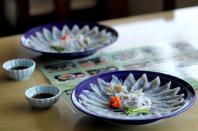 Thinly sliced blowfish sashimi is served at a restaurant in Shimonoseki