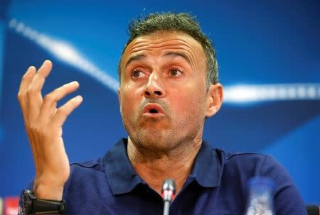 Football Soccer - Barcelona news conference - Champions League - Joan Gamper training camp - Barcelona, Spain - 12/09/16. Barcelona's coach Luis Enrique attends a news conference. REUTERS/Albert Gea