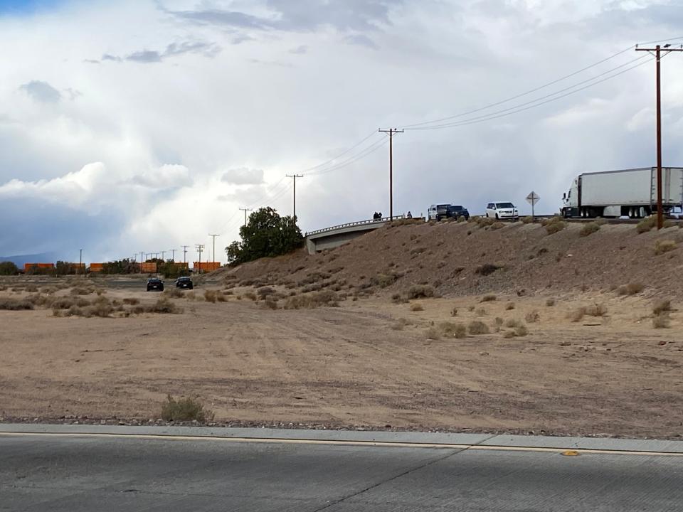 At least one California Highway Patrol vehicle, in many cases two, could be seen stationed by every highway overpass and many other standard exits from I-15 in Barstow to I-40 in Newberry Springs as people gathered to greet incoming truckers Feb. 23, 2022.