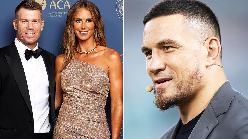 David and Candice Warner, pictured here alongside Sonny Bill Williams. 
