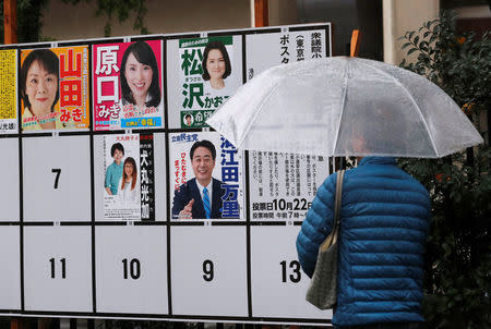 A man looks at election posters nearby a polling station in Tokyo, Japan October 22, 2017. REUTERS/Kim Kyung-Hoon