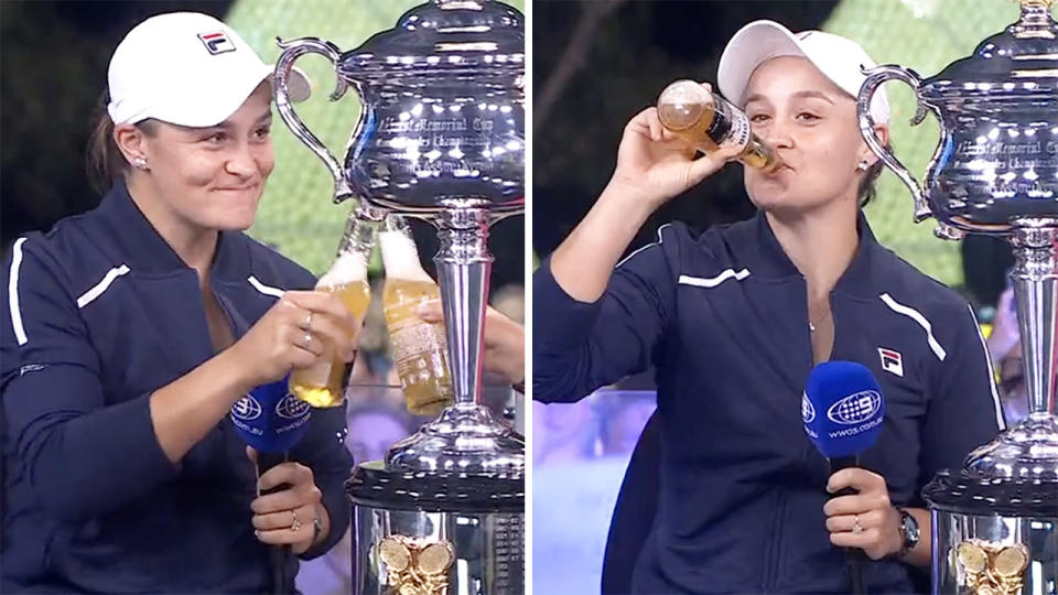 Fans were over the moon watching Ash Barty crack a beer on live TV after her thrilling victory at the Australian Open. Pictures: Channel Nine