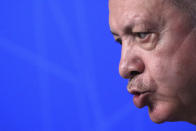 Turkey's President Recep Tayyip Erdogan speaks during a media conference at a NATO summit in Brussels, Monday, June 14, 2021. U.S. President Joe Biden is taking part in his first NATO summit, where the 30-nation alliance hopes to reaffirm its unity and discuss increasingly tense relations with China and Russia, as the organization pulls its troops out after 18 years in Afghanistan. (Yves Herman, Pool via AP)