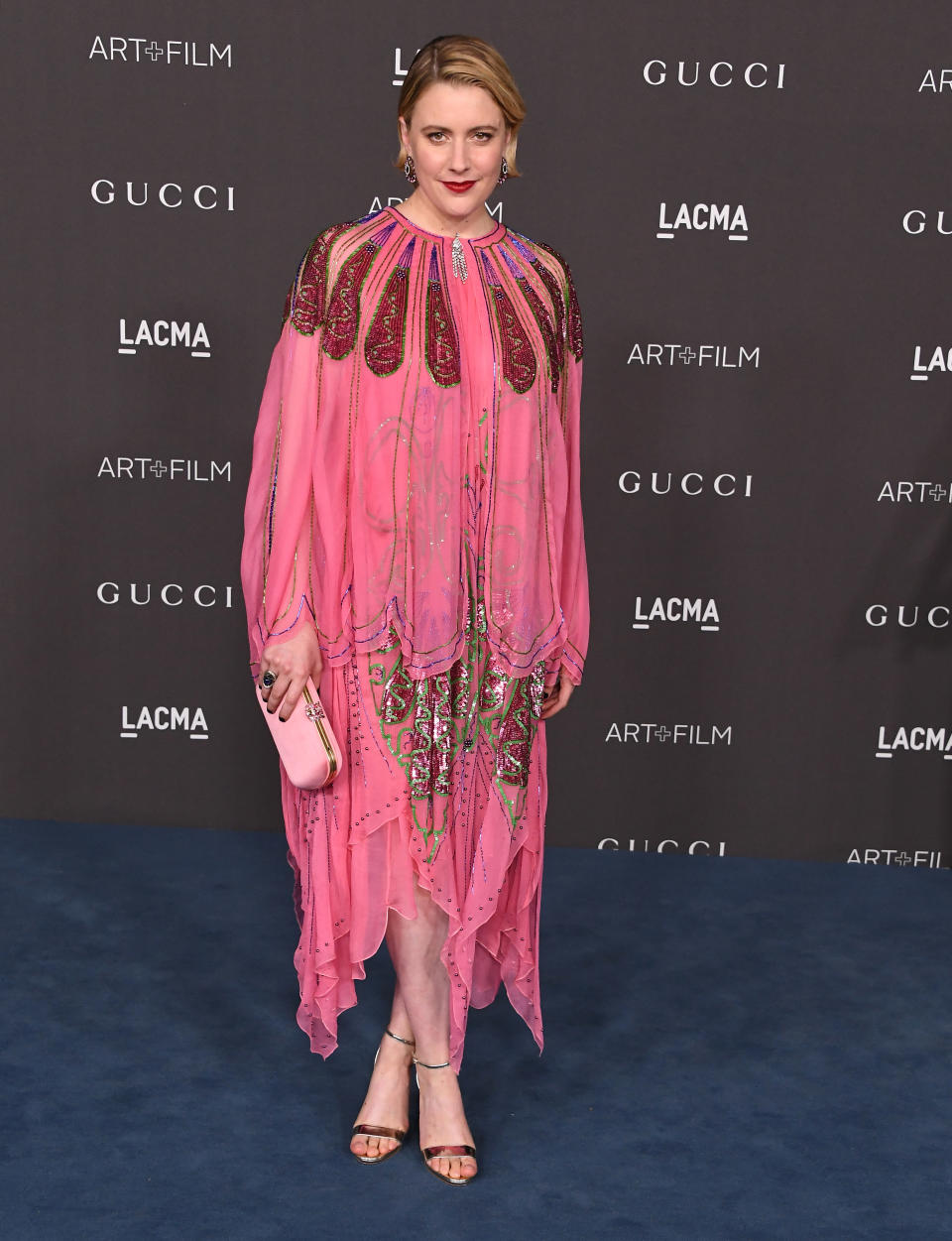 Greta Gerwig, LACMA Art + Film Gala, Los Angeles, silver, metallic, sandals, Gucci, pink, beaded, maxi dress