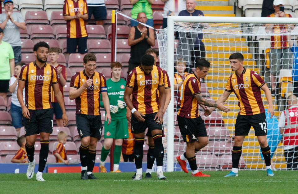 Bradford City season preview 2023/24 Jamie Walker of Bradford celebrates after he scores the second goal from the penalty spot during the pre-season friendly match between Bradford City and Sunderland at Coral Windows Stadium, Valley Parade on July 19, 2022 in Bradford, United Kingdom. (Photo by Ian Horrocks/Sunderland AFC via Getty Images)