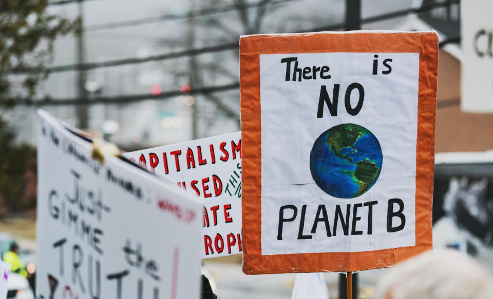 Demonstranten halten Plakate gegen den Klimawandel in die Höhe. Wie dringend mehr Umweltschutz ist, zeigen auch die fünf wahrscheinlichsten Gefahren für die Menschheit: Sie sind allesamt auf Umweltbelastung zurückzuführen. Foto: Symbolbild / gettyimages / shaunl